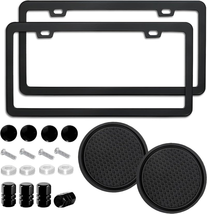 ZukMi 2 Pack License Plate Frame for Car Matte Metal Aluminum Rust-Proof License Plate Holder Cover Gloss Black Front Rear Number Tag Frame for Men Women Universal Fit (Black) - Image 1